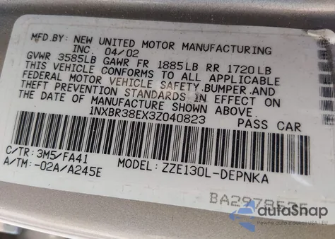 2003 Toyota Corolla Le from USA, damaged, VIN 1NXBR38EX3Z040823